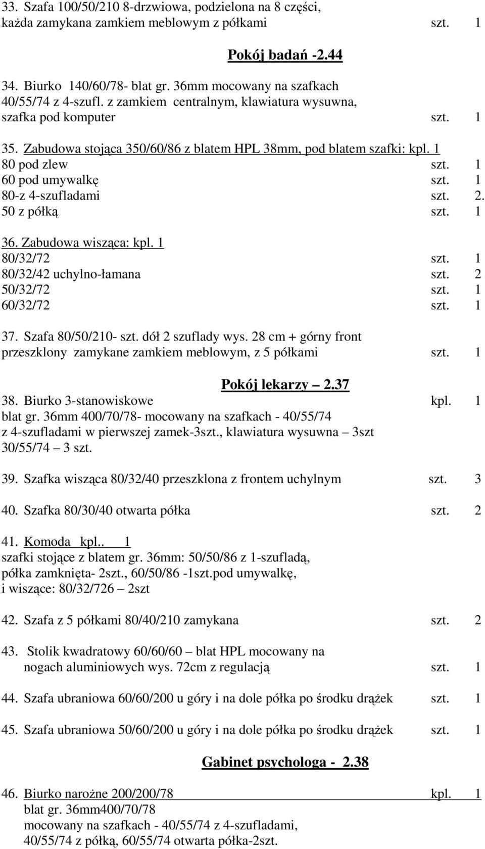 1 80-z 4-szufladami szt. 2. 50 z półką szt. 1 36. Zabudowa wisząca: kpl. 1 80/32/72 szt. 1 80/32/42 uchylno-łamana szt. 2 50/32/72 szt. 1 60/32/72 szt. 1 37. Szafa 80/50/210- szt. dół 2 szuflady wys.