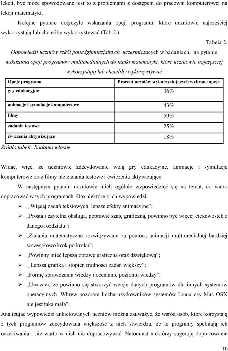 Odpowiedzi uczniów szkół ponadgimnazjalnych, uczestniczących w badaniach, na pytanie wskazania opcji programów multimedialnych do nauki matematyki, które uczniowie najczęściej wykorzystują lub