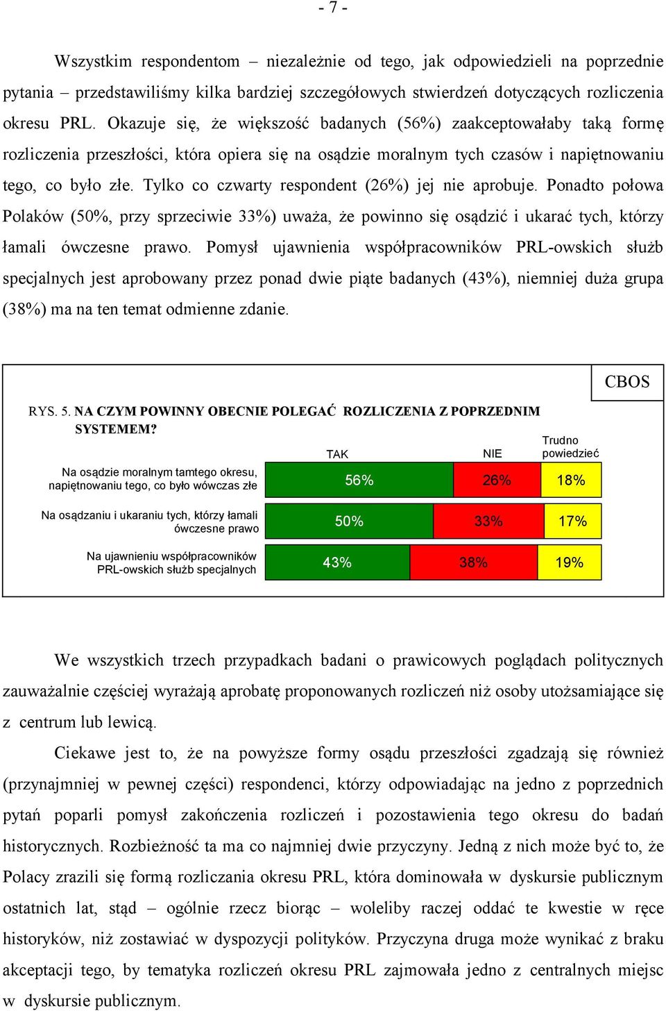 Tylko co czwarty respondent (26%) jej nie aprobuje. Ponadto połowa Polaków (50%, przy sprzeciwie 33%) uważa, że powinno się osądzić i ukarać tych, którzy łamali ówczesne prawo.