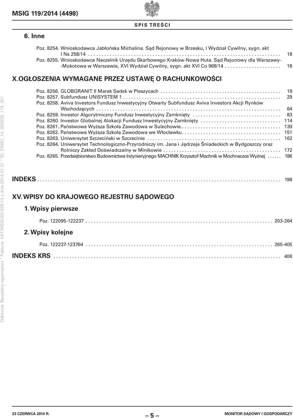 OGŁOSZENIA WYMAGANE PRZEZ USTAWĘ O RACHUNKOWOŚCI Poz. 8256. GLOBGRANIT II Marek Sadek w Pieszycach............................................. 19 Poz. 8257. Subfundusz UNISYSTEM 1........................................................... 29 Poz.