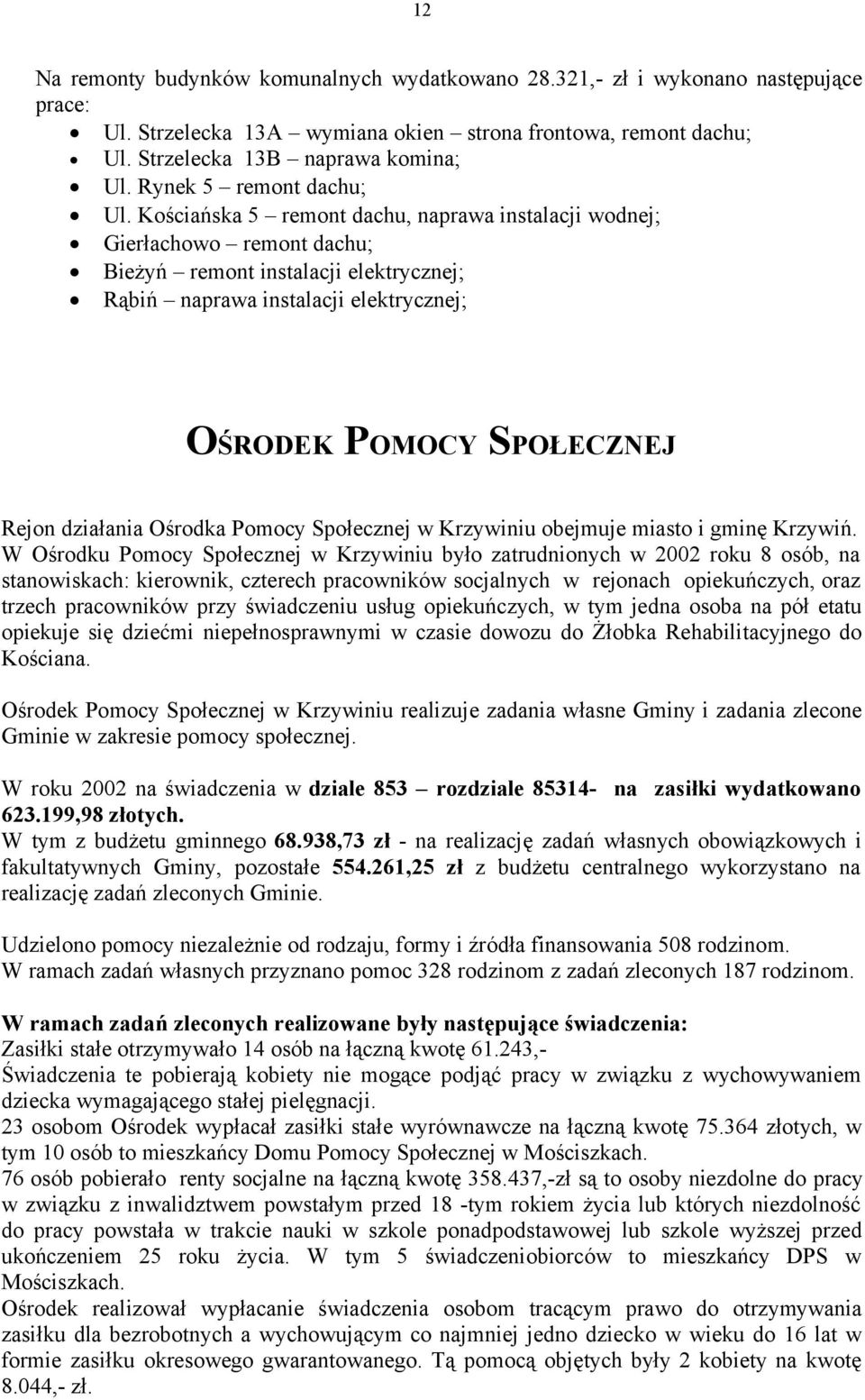 Kościańska 5 remont dachu, naprawa instalacji wodnej; Gierłachowo remont dachu; Bieżyń remont instalacji elektrycznej; Rąbiń naprawa instalacji elektrycznej; OŚRODEK POMOCY SPOŁECZNEJ Rejon działania