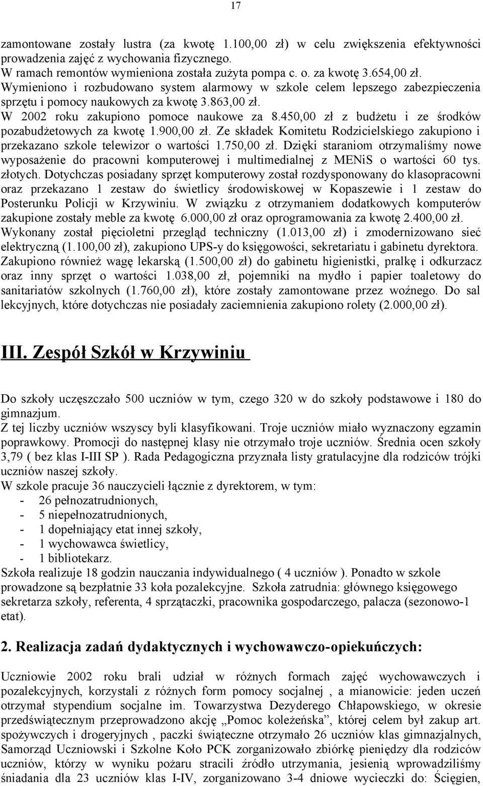 450,00 zł z budżetu i ze środków pozabudżetowych za kwotę 1.900,00 zł. Ze składek Komitetu Rodzicielskiego zakupiono i przekazano szkole telewizor o wartości 1.750,00 zł.