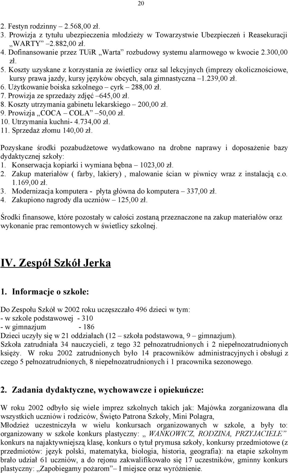 Koszty uzyskane z korzystania ze świetlicy oraz sal lekcyjnych (imprezy okolicznościowe, kursy prawa jazdy, kursy języków obcych, sala gimnastyczna 1.239,00 zł. 6.