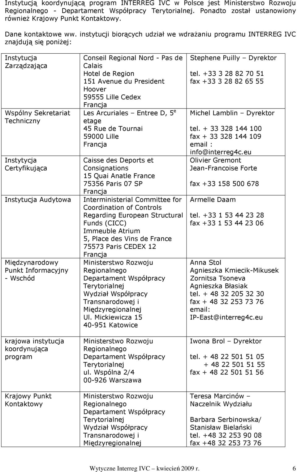 instytucji biorących udział we wdraŝaniu programu INTERREG IVC znajdują się poniŝej: Instytucja Zarządzająca Wspólny Sekretariat Techniczny Instytycja Certyfikująca Instytucja Audytowa Międzynarodowy