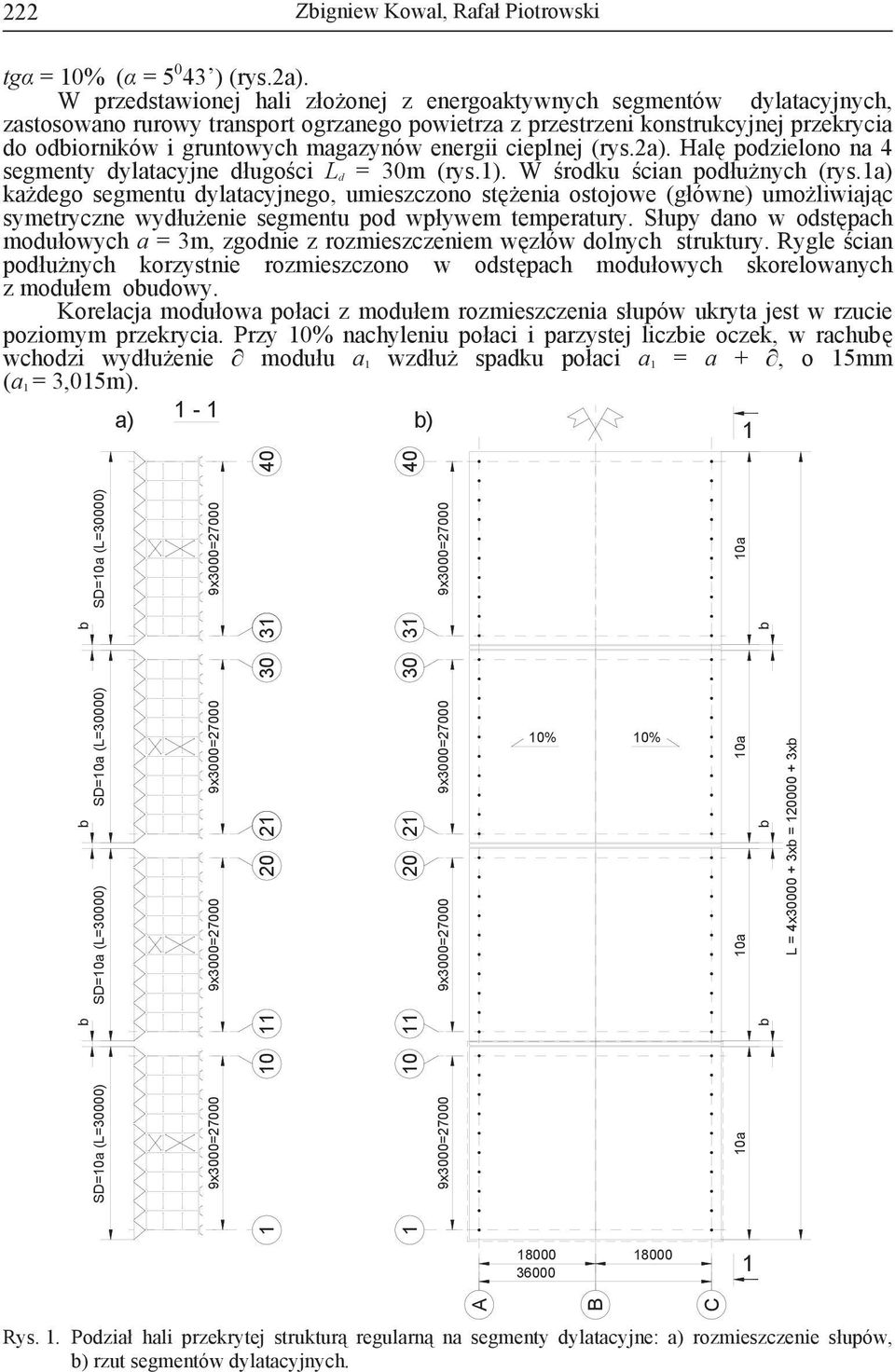 energii cieplnej (rys.2a). Hal podzielono na 4 segmenty dylatacyjne długo ci L d = 30m (rys.). W rodku cian podłu nych (rys.