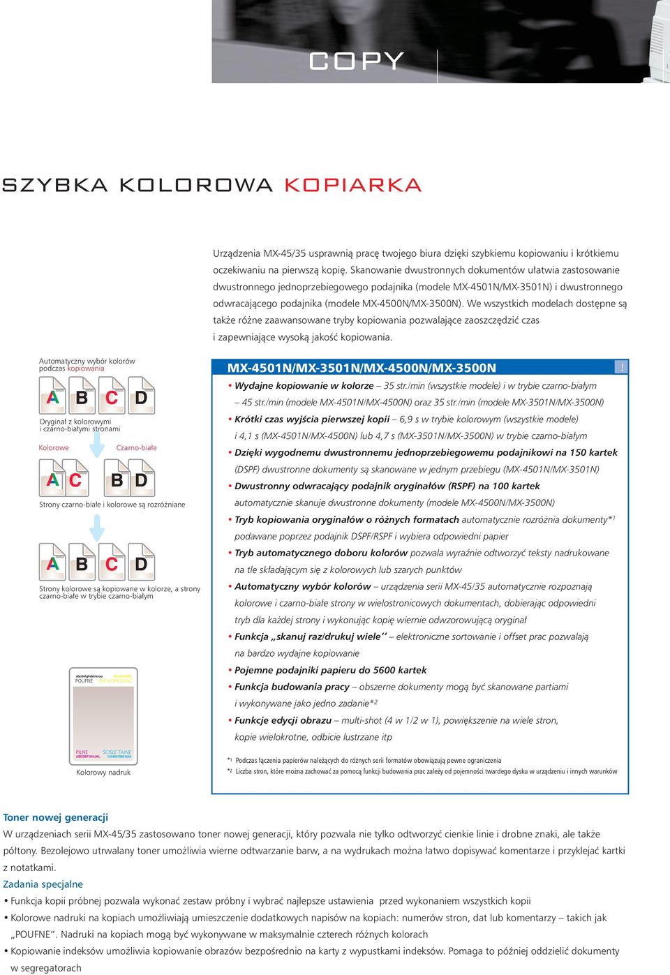 We wszystkich modelach dostępne są także różne zaawansowane tryby kopiowania pozwalające zaoszczędzić czas i zapewniające wysoką jakość kopiowania.