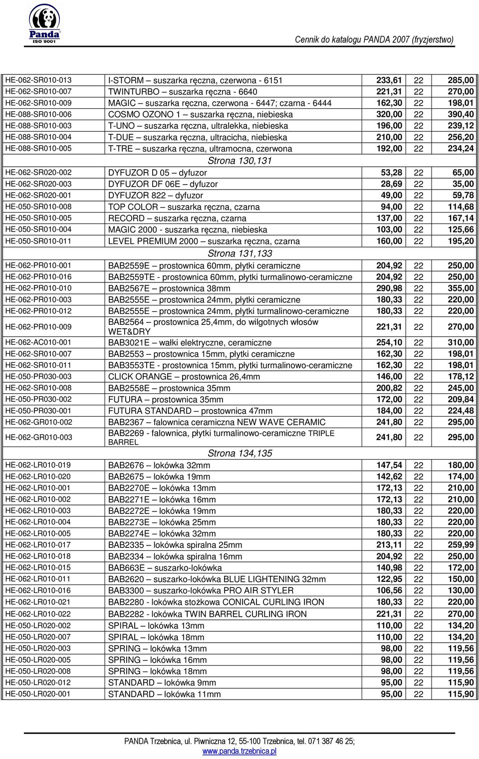 HE-088-SR010-004 T-DUE suszarka ręczna, ultracicha, niebieska 210,00 22 256,20 HE-088-SR010-005 T-TRE suszarka ręczna, ultramocna, czerwona 192,00 22 234,24 Strona 130,131 HE-062-SR020-002 DYFUZOR D