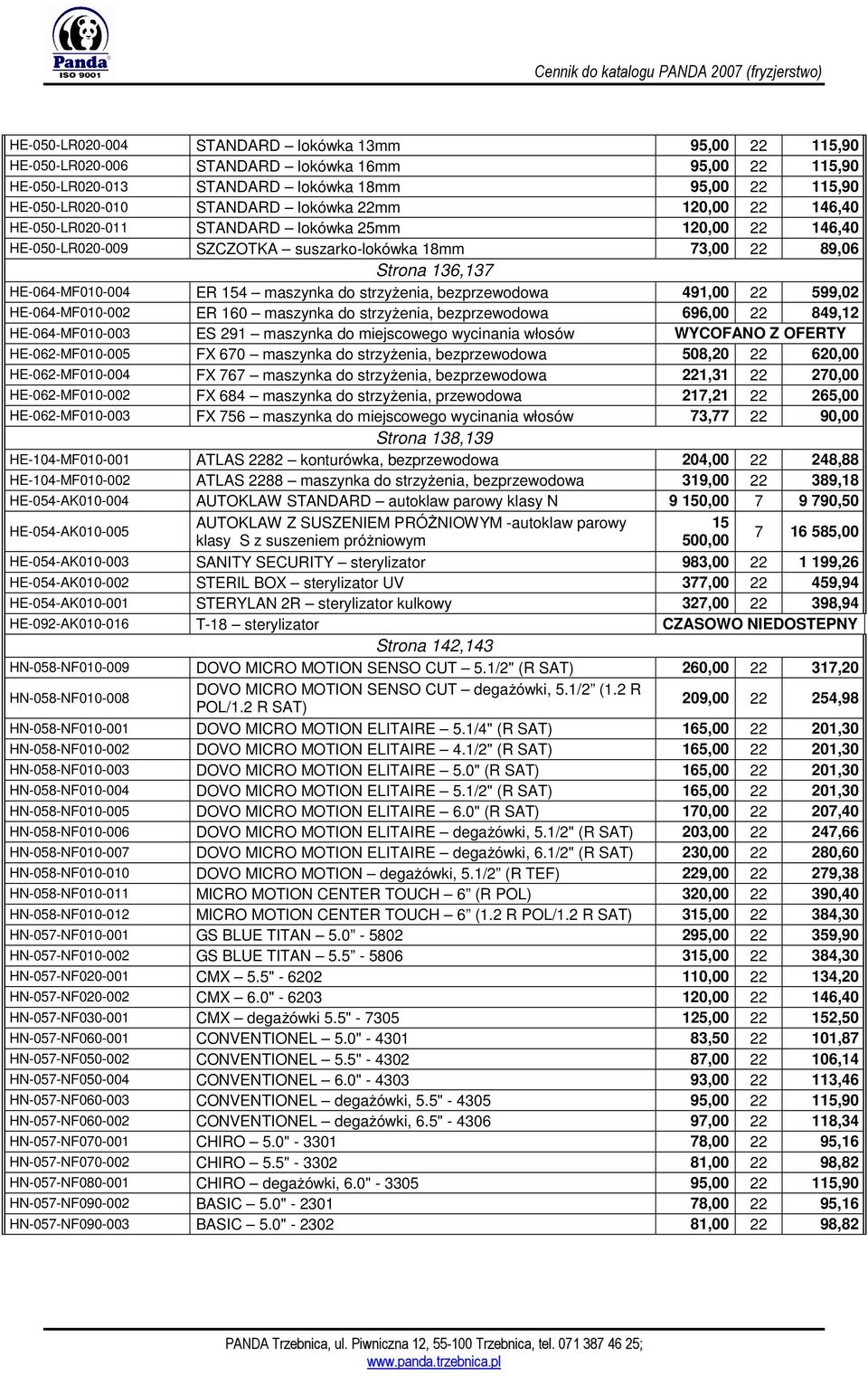 strzyżenia, bezprzewodowa 491,00 22 599,02 HE-064-MF010-002 ER 160 maszynka do strzyżenia, bezprzewodowa 696,00 22 849,12 HE-064-MF010-003 ES 291 maszynka do miejscowego wycinania włosów WYCOFANO Z