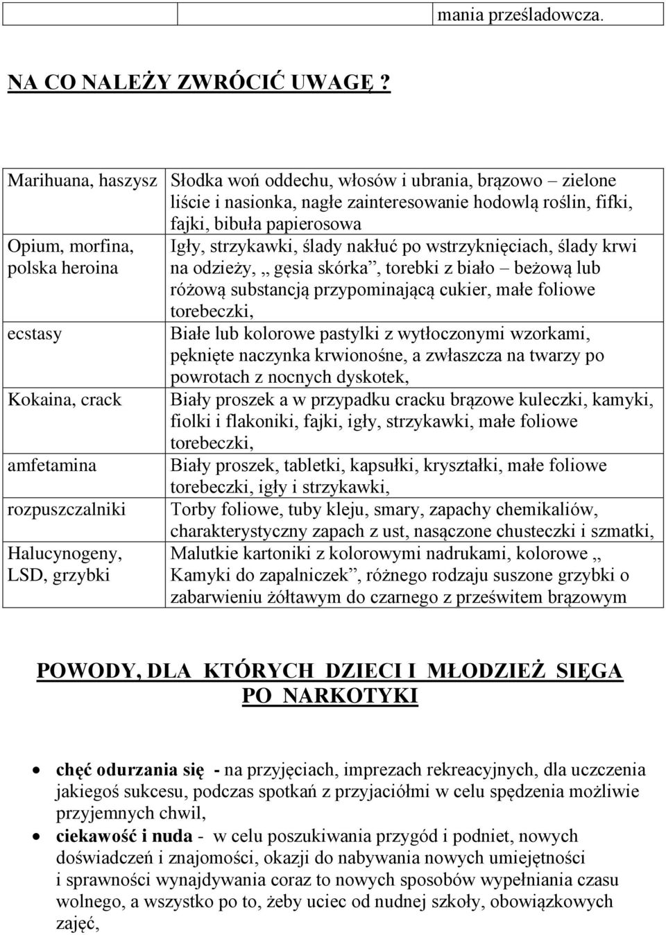 ecstasy Kokaina, crack amfetamina rozpuszczalniki Halucynogeny, LSD, grzybki Igły, strzykawki, ślady nakłuć po wstrzyknięciach, ślady krwi na odzieży, gęsia skórka, torebki z biało beżową lub różową