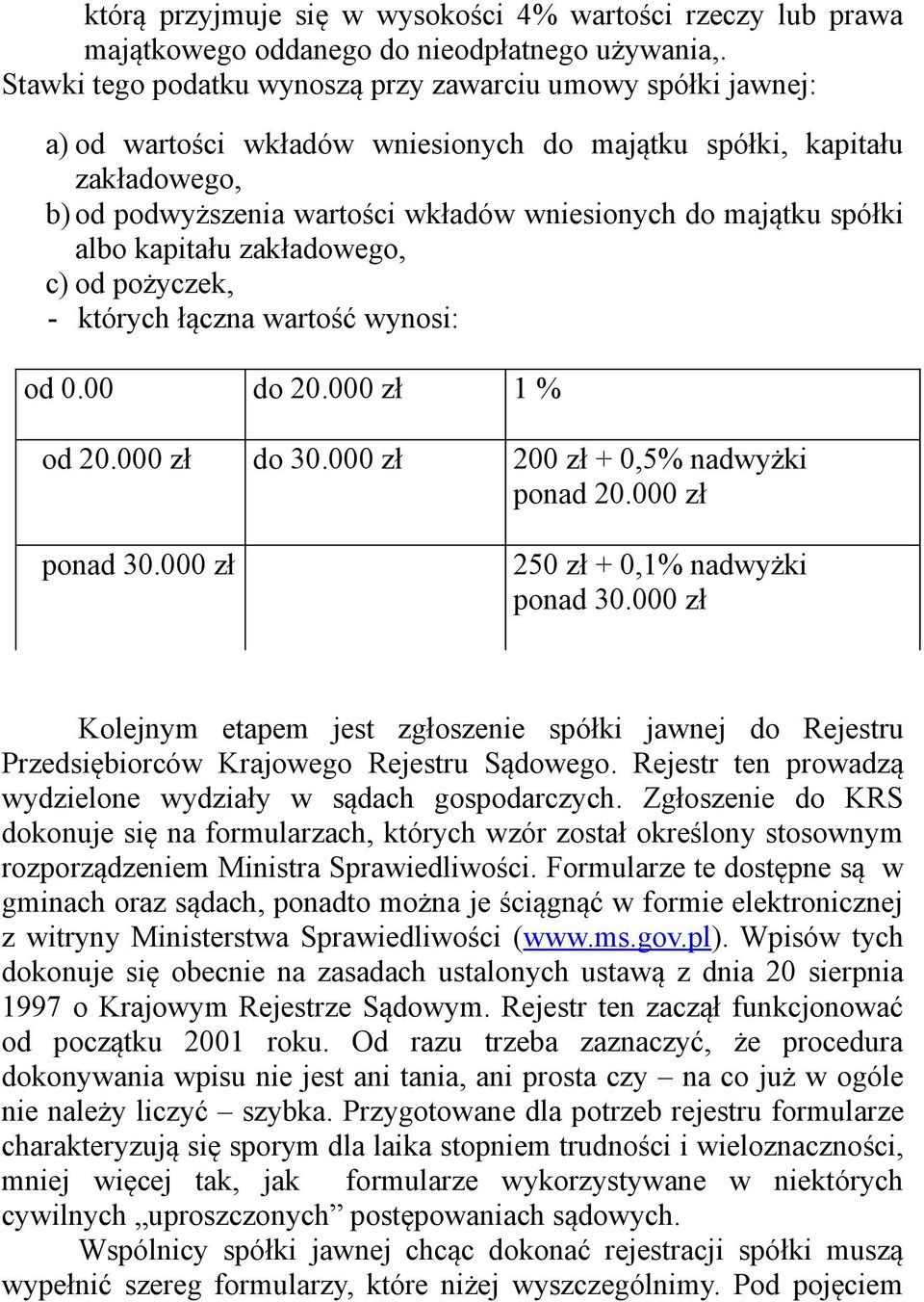 spółki albo kapitału zakładowego, c) od pożyczek, - których łączna wartość wynosi: od 0.00 do 20.000 zł 1 % od 20.000 zł do 30.000 zł 200 zł + 0,5% nadwyżki ponad 20.000 zł ponad 30.