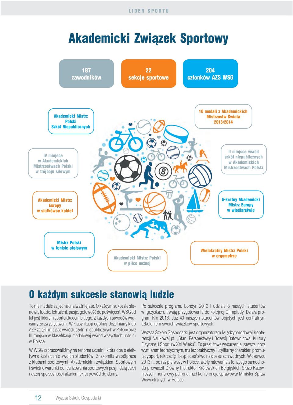 Akademicki Mistrz Europy w wioślarstwie Mistrz Polski w tenisie stołowym Akademicki Mistrz Polski w piłce nożnej Wielokrotny Mistrz Polski w ergometrze O każdym sukcesie stanowią ludzie To nie medale