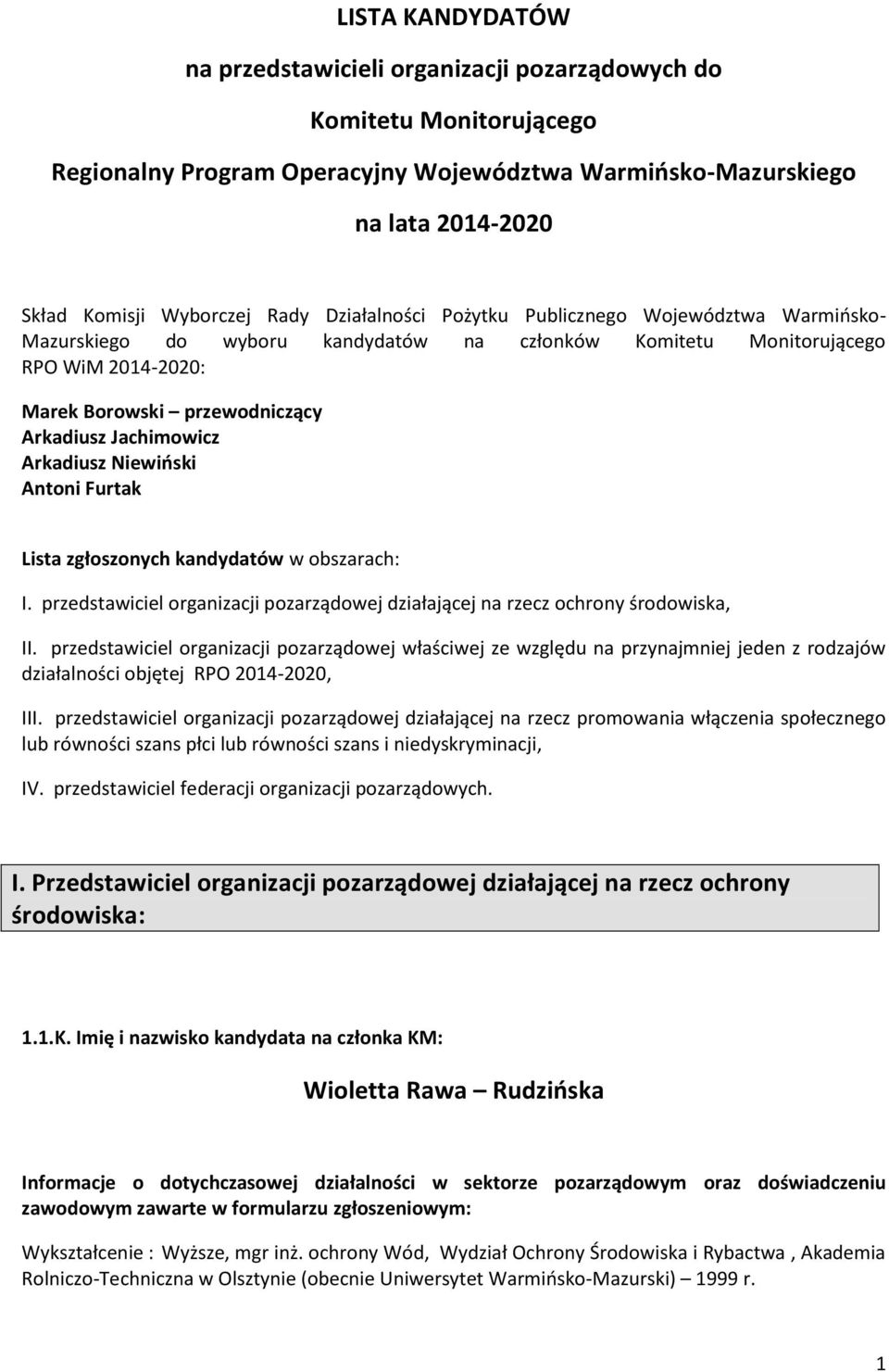 Arkadiusz Niewioski Antoni Furtak Lista zgłoszonych kandydatów w obszarach: I. przedstawiciel organizacji pozarządowej działającej na rzecz ochrony środowiska, II.