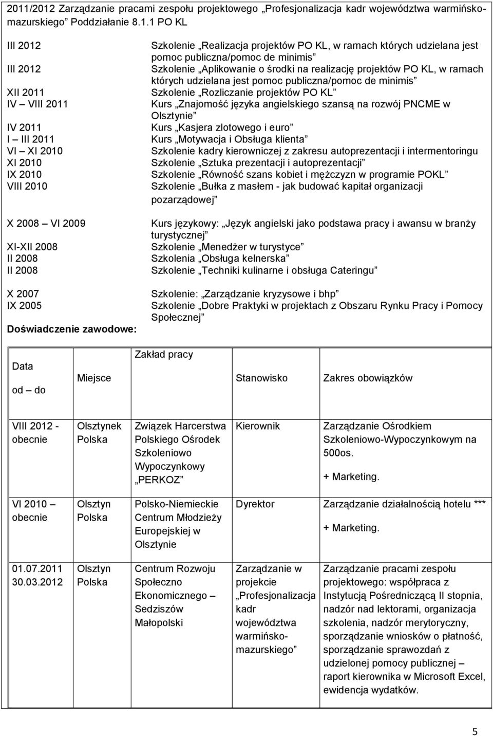 publiczna/pomoc de minimis Szkolenie Aplikowanie o środki na realizację projektów PO KL, w ramach których udzielana jest pomoc publiczna/pomoc de minimis Szkolenie Rozliczanie projektów PO KL Kurs