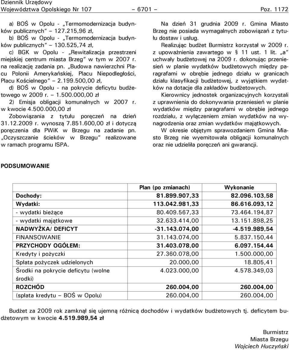 Budowa nawierzchni Placu Polonii Amerykańskiej, Placu Niepodległości, Placu Kościelnego 2.199.500,00 zł, d) BOŚ w Opolu - na pokrycie deficytu budżetowego w 2009 r. 1.500.000,00 zł 2) Emisja obligacji komunalnych w 2007 r.