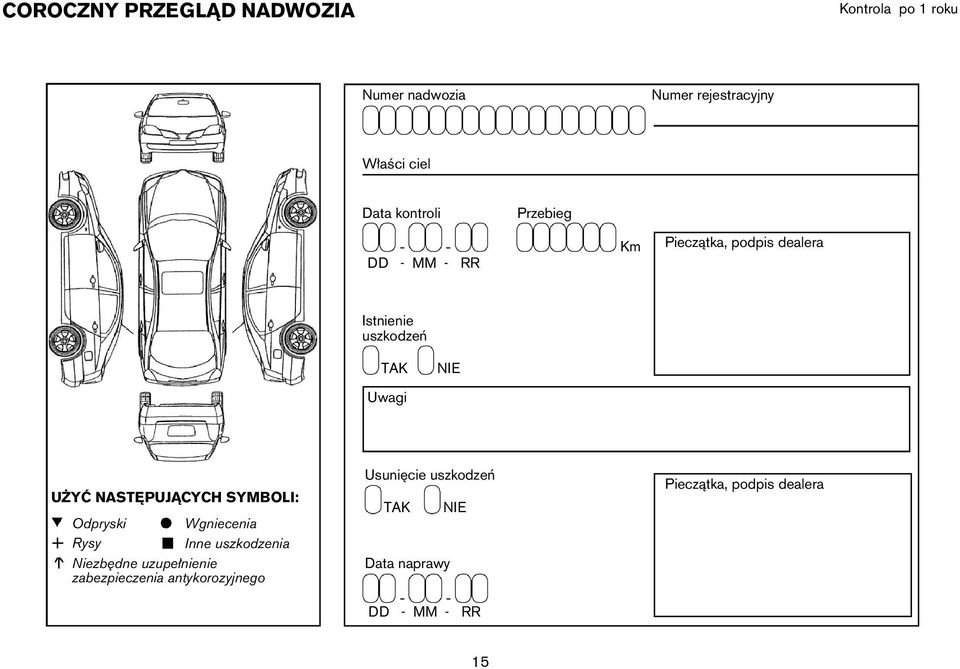 Uwagi NIE UŻYĆ NASTĘPUJĄCYCH SYMBOLI: Odpryski Wgniecenia Rysy Inne uszkodzenia