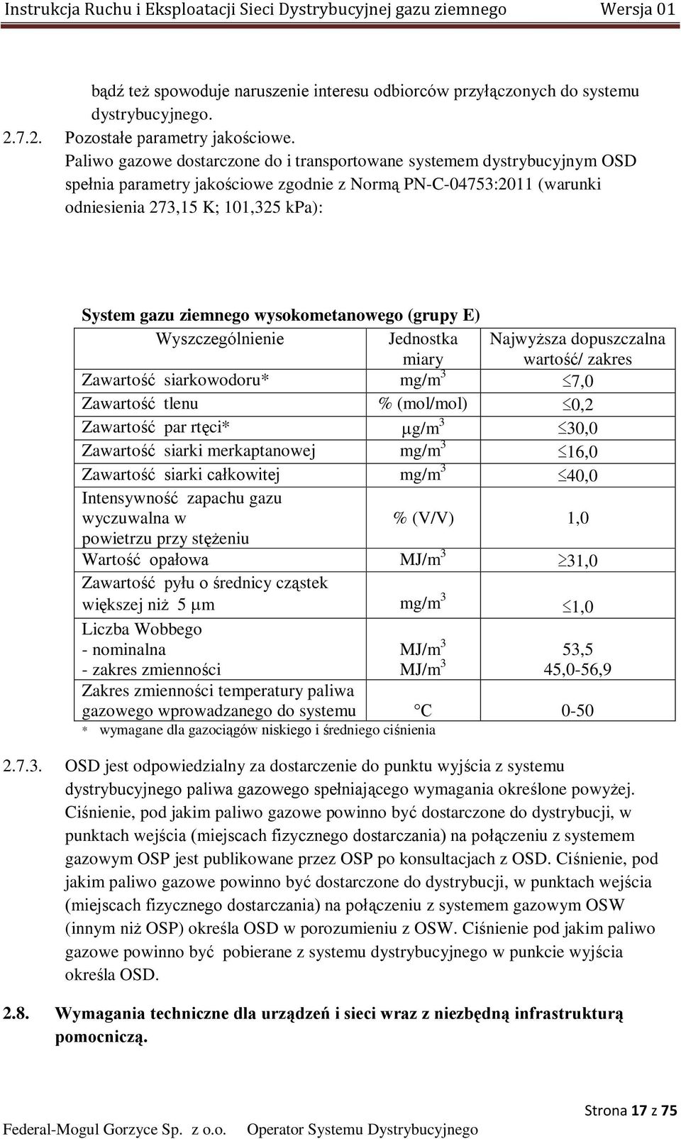 ziemnego wysokometanowego (grupy E) Wyszczególnienie Jednostka miary Najwyższa dopuszczalna wartość/ zakres Zawartość siarkowodoru* mg/m 3 7,0 Zawartość tlenu % (mol/mol) 0,2 Zawartość par rtęci* g/m