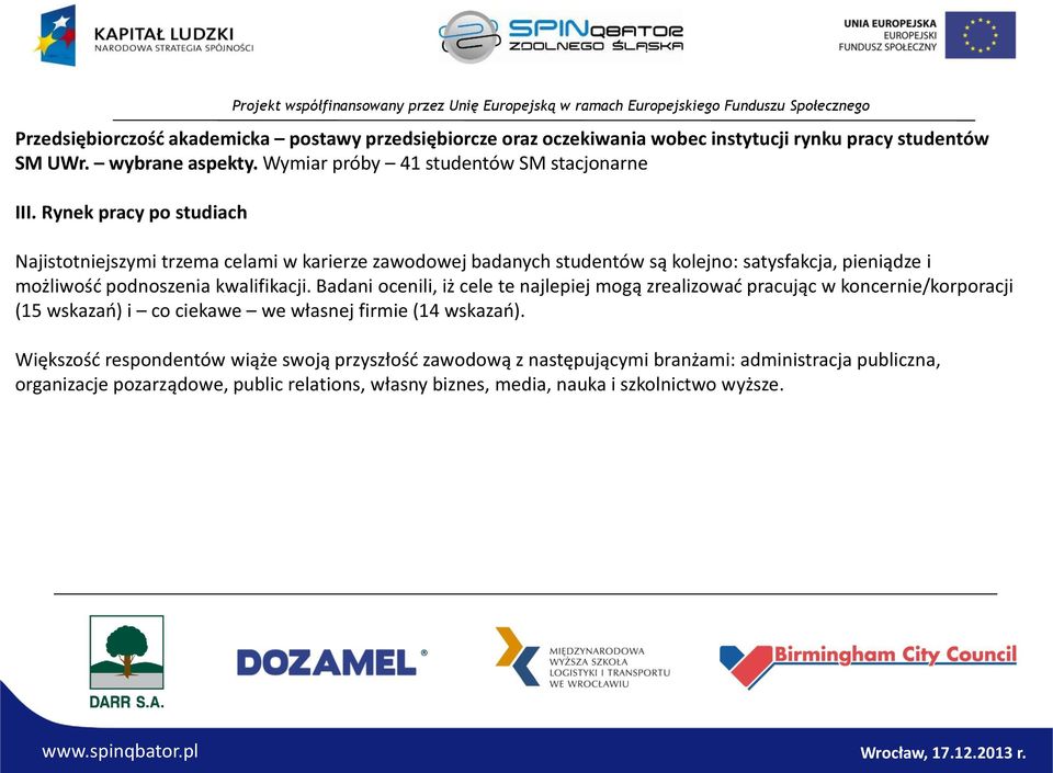 Rynek pracy po studiach Najistotniejszymi trzema celami w karierze zawodowej badanych studentów są kolejno: satysfakcja, pieniądze i możliwość podnoszenia kwalifikacji.