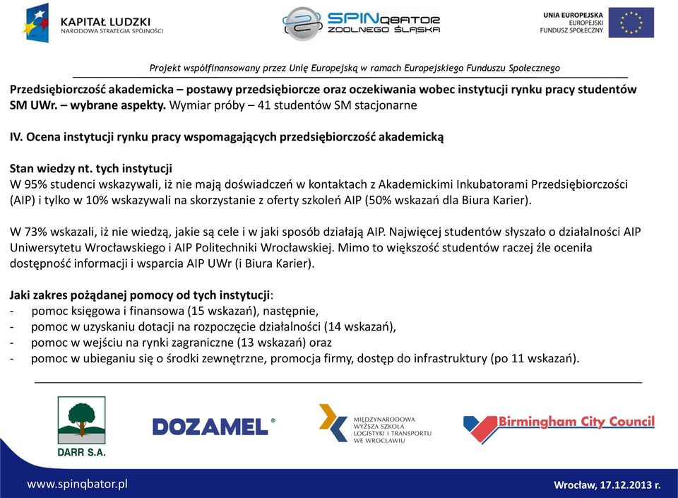 tych instytucji W 95% studenci wskazywali, iż nie mają doświadczeń w kontaktach z Akademickimi Inkubatorami Przedsiębiorczości (AIP) i tylko w 10% wskazywali na skorzystanie z oferty szkoleń AIP (50%