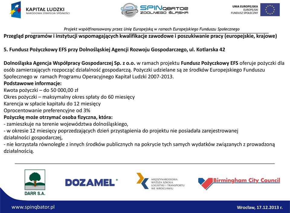 Pożyczki udzielane są ze środków Europejskiego Funduszu Społecznego w ramach Programu Operacyjnego Kapitał Ludzki 2007-2013.