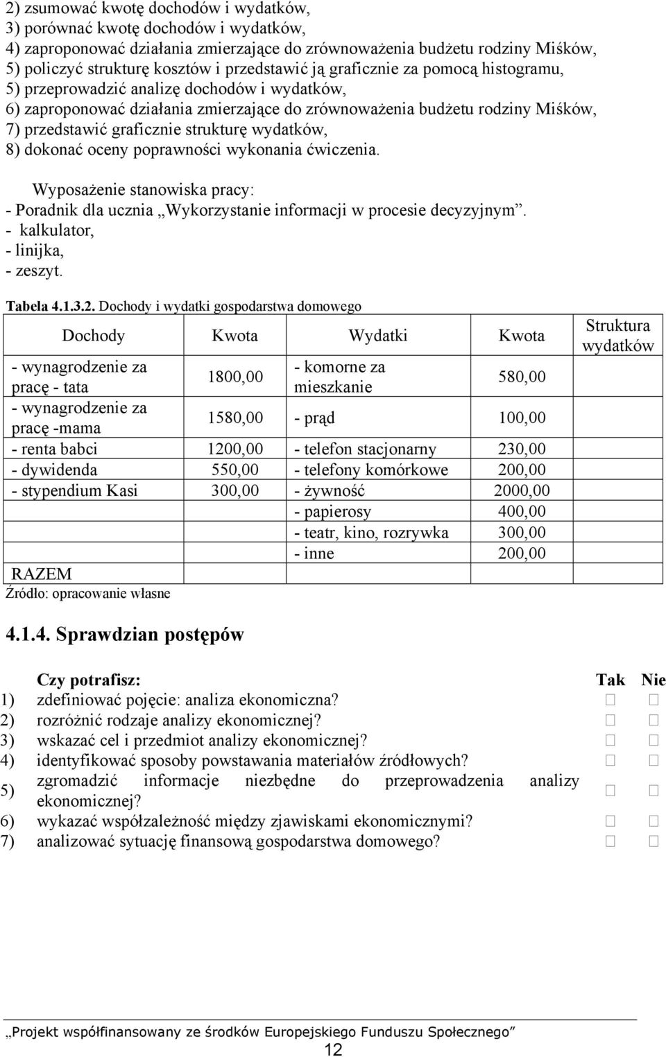 strukturę wydatków, 8) dokonać oceny poprawności wykonania ćwiczenia. Wyposażenie stanowiska pracy: - Poradnik dla ucznia Wykorzystanie informacji w procesie decyzyjnym.