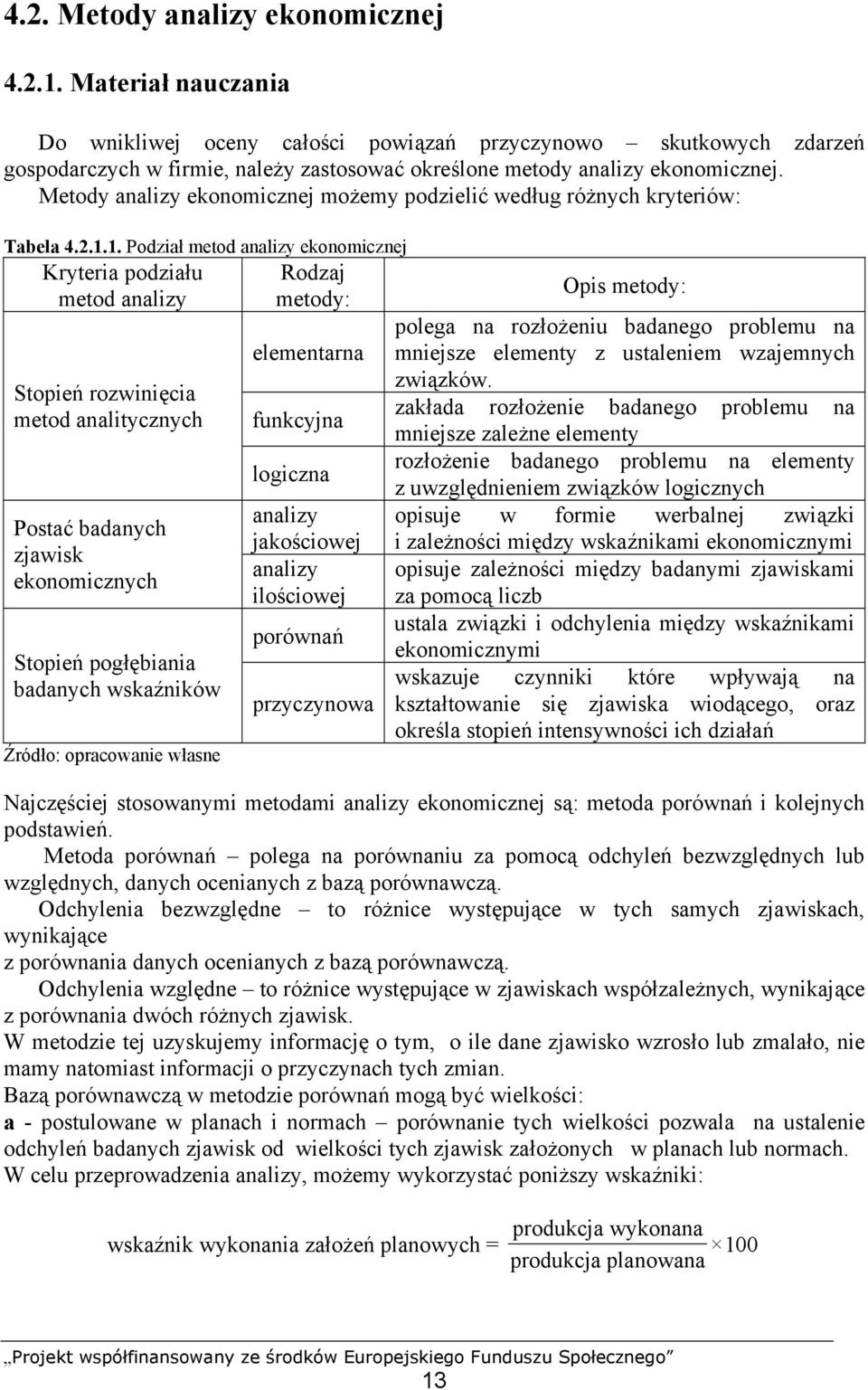 Metody analizy ekonomicznej możemy podzielić według różnych kryteriów: Tabela 4.2.1.