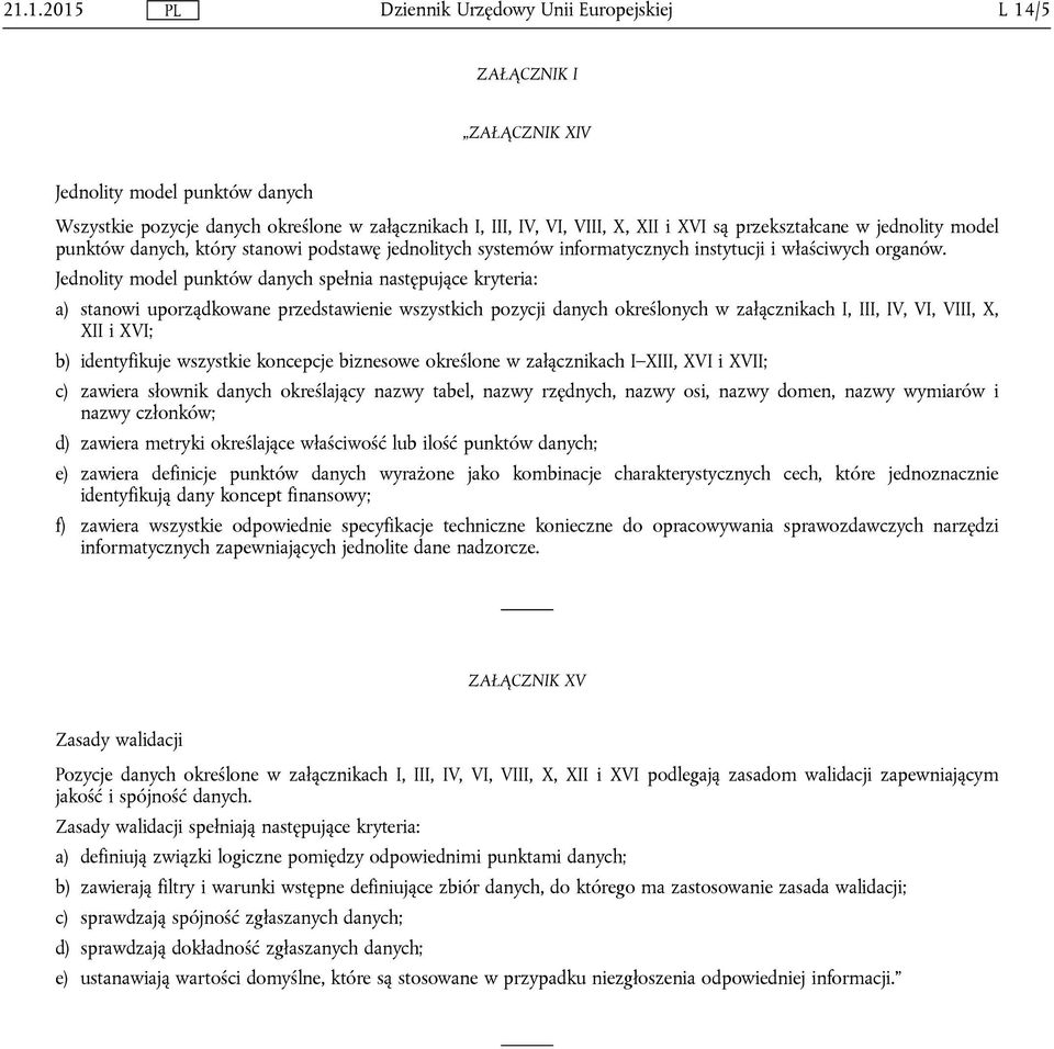 Jednolity model punktów danych spełnia następujące kryteria: a) stanowi uporządkowane przedstawienie wszystkich pozycji danych określonych w załącznikach I, III, IV, VI, VIII, X, XII i XVI; b)