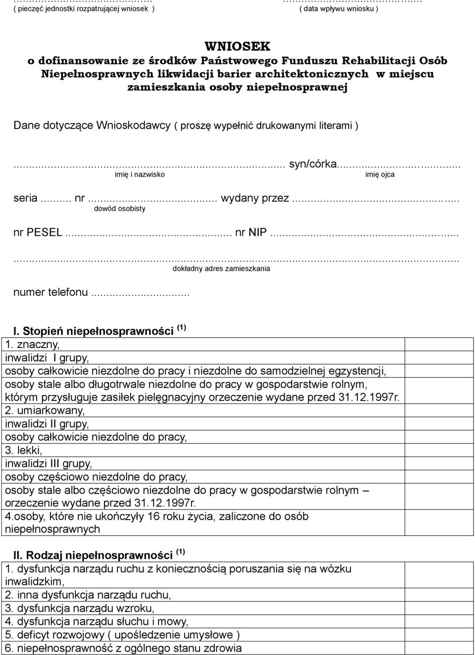 .. wydany przez... dowód osobisty nr PESEL... nr NIP... dokładny adres zamieszkania numer telefonu... I. Stopień niepełnosprawności (1) 1.