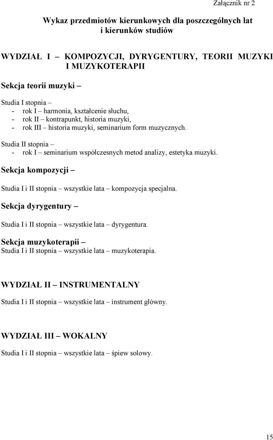 Studia II stopnia - rok I seminarium współczesnych metod analizy, estetyka muzyki. Sekcja kompozycji Studia I i II stopnia wszystkie lata kompozycja specjalna.