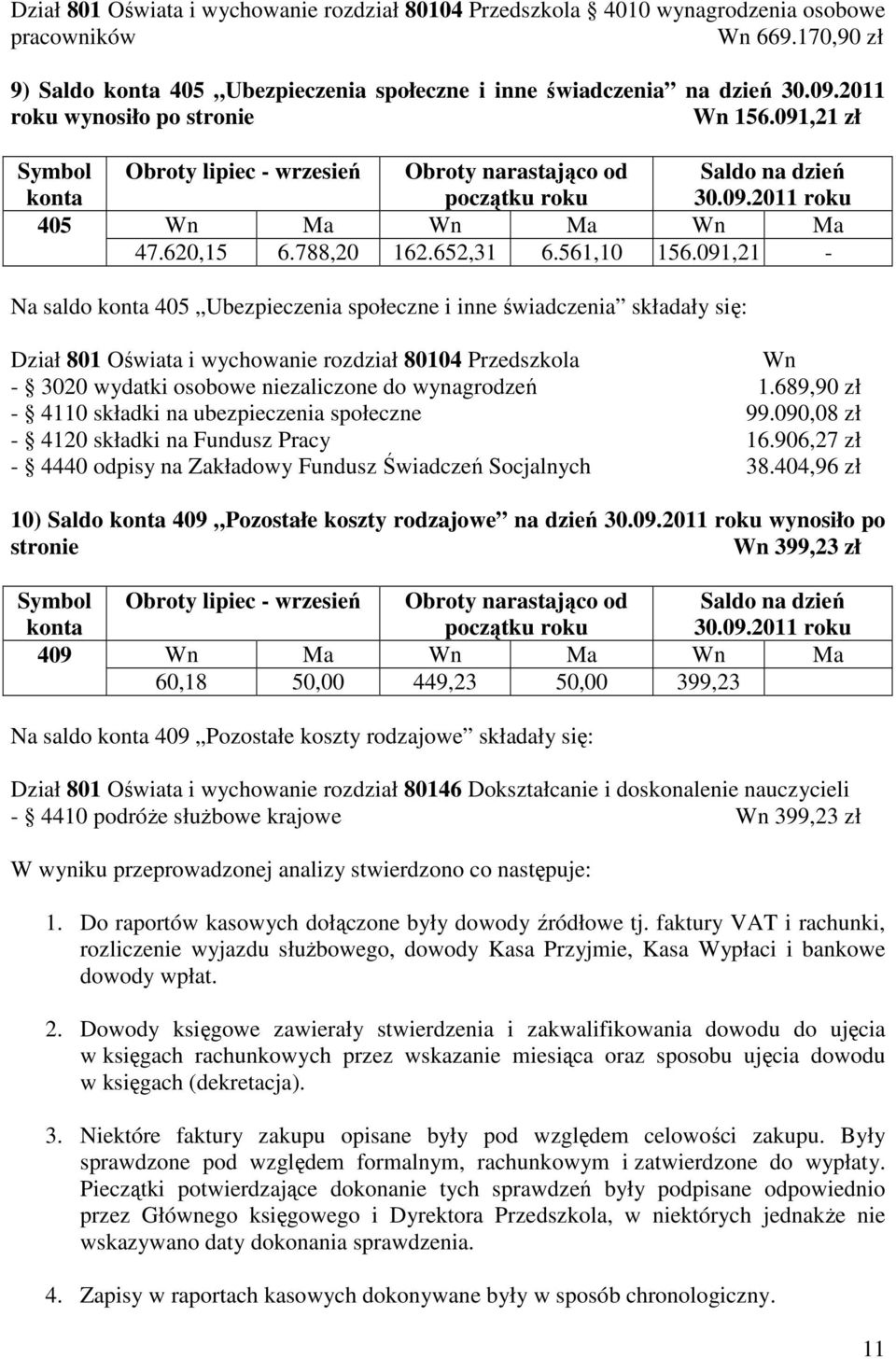 091,21 - Na saldo 405 Ubezpieczenia społeczne i inne świadczenia składały się: Dział 801 Oświata i wychowanie rozdział 80104 Przedszkola Wn - 3020 wydatki osobowe niezaliczone do wynagrodzeń 1.