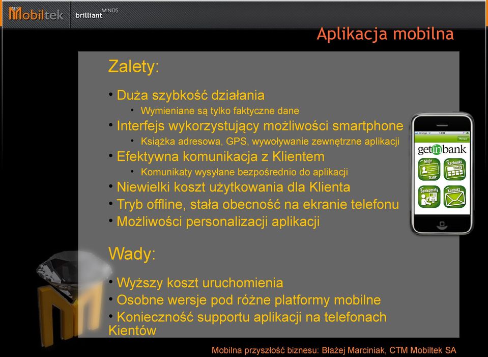 bezpośrednio do aplikacji Niewielki koszt użytkowania dla Klienta Tryb offline, stała obecność na ekranie telefonu Możliwości