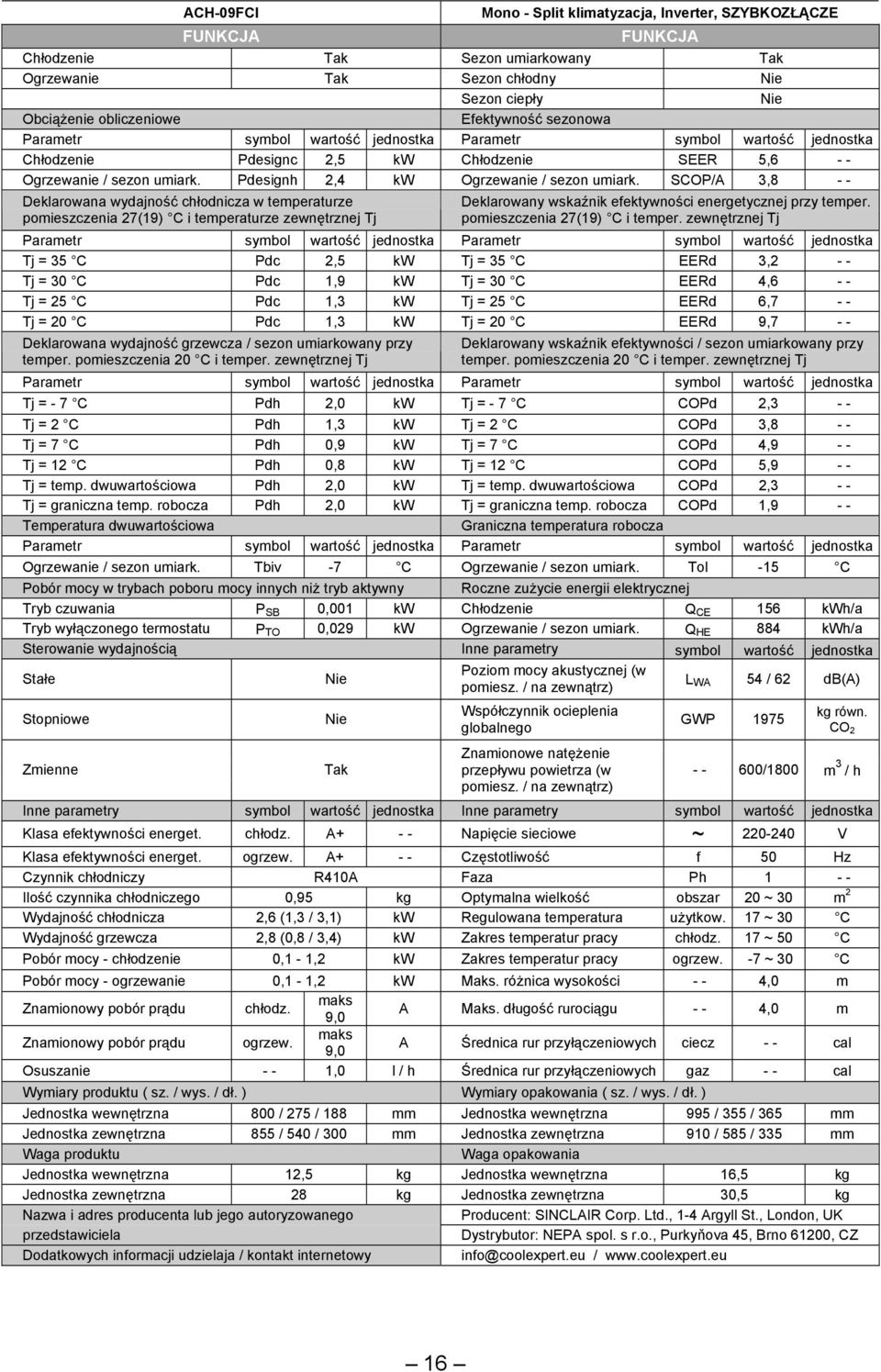 SCOP/A 3,8 - - Deklarowana wydajność chłodnicza w temperaturze pomieszczenia 27(19) C i temperaturze zewnętrznej Tj Deklarowany wskaźnik efektywności energetycznej przy temper.