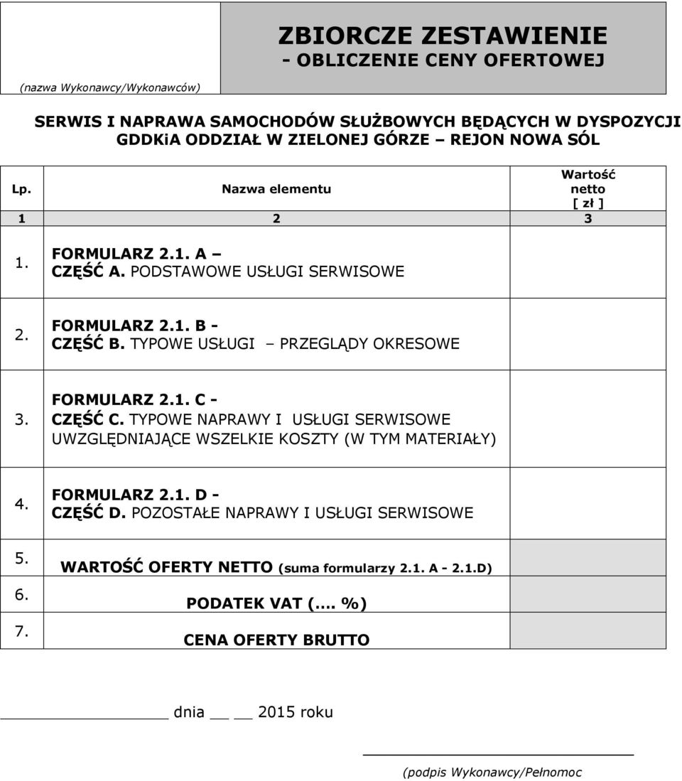 TYPOWE USŁUGI PRZEGLĄDY OKRESOWE 3. FORMULARZ 2.1. C - CZĘŚĆ C. TYPOWE NAPRAWY I USŁUGI SERWISOWE UWZGLĘDNIAJĄCE WSZELKIE KOSZTY (W TYM MATERIAŁY) 4. FORMULARZ 2.1. D - CZĘŚĆ D.