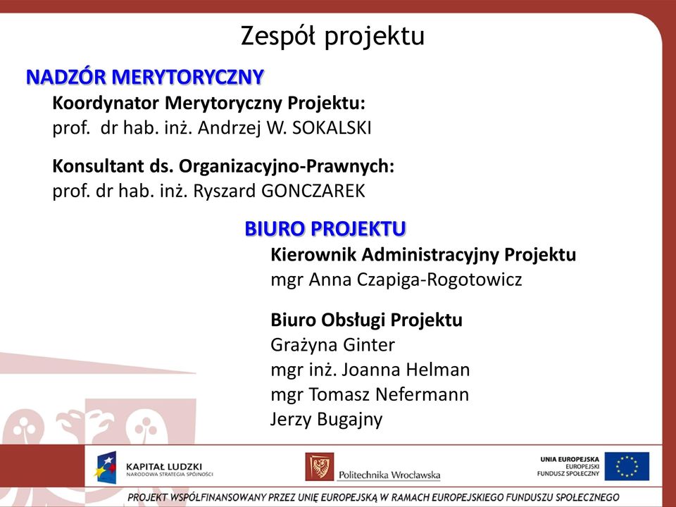 Ryszard GONCZAREK Zespół projektu Młoda Kadra BIURO PROJEKTU Kierownik Administracyjny