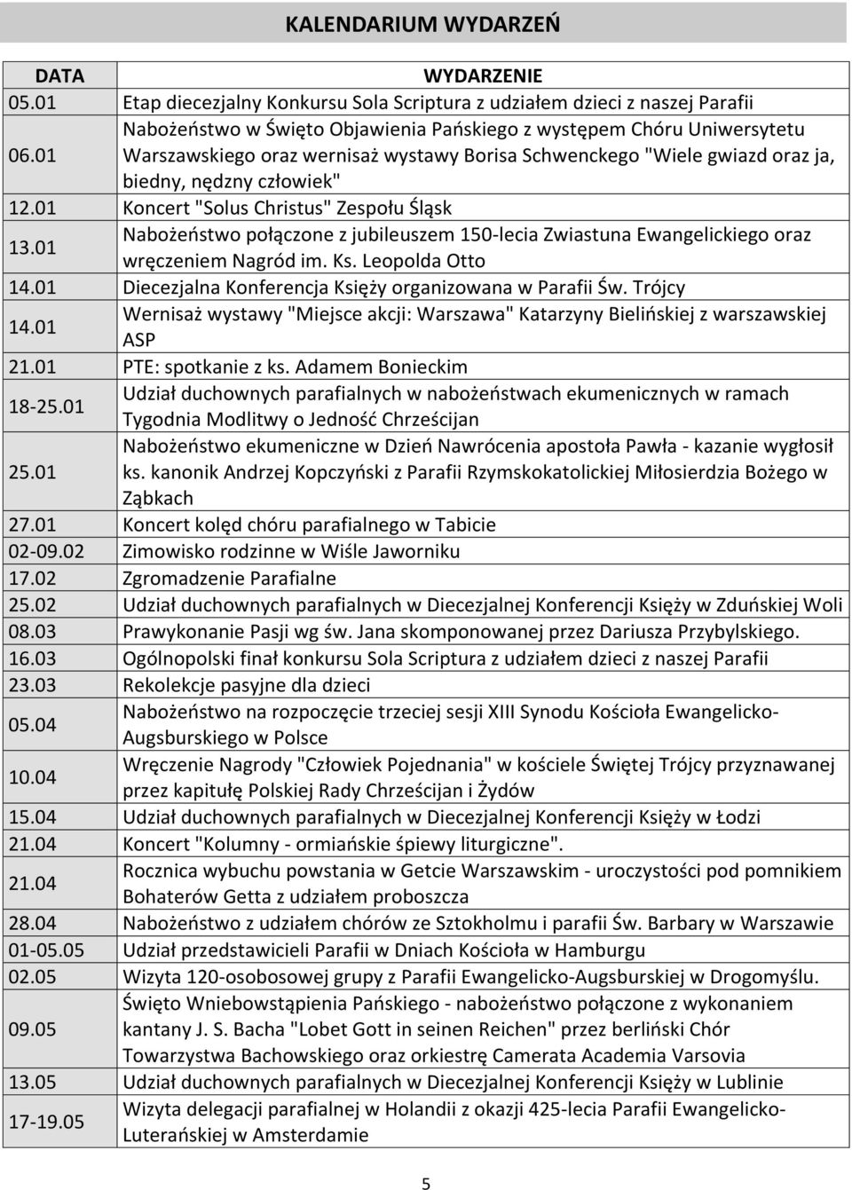 01 Nabożeństwo połączone z jubileuszem 150-lecia Zwiastuna Ewangelickiego oraz wręczeniem Nagród im. Ks. Leopolda Otto 14.01 Diecezjalna Konferencja Księży organizowana w Parafii Św. Trójcy 14.