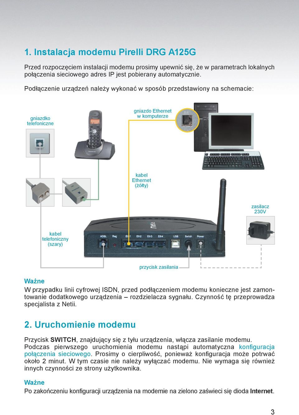 zasilania Ważne W przypadku linii cyfrowej ISDN, przed podłączeniem modemu konieczne jest zamontowanie dodatkowego urządzenia rozdzielacza sygnału. Czynność tę przeprowadza specjalista z Netii. 2.