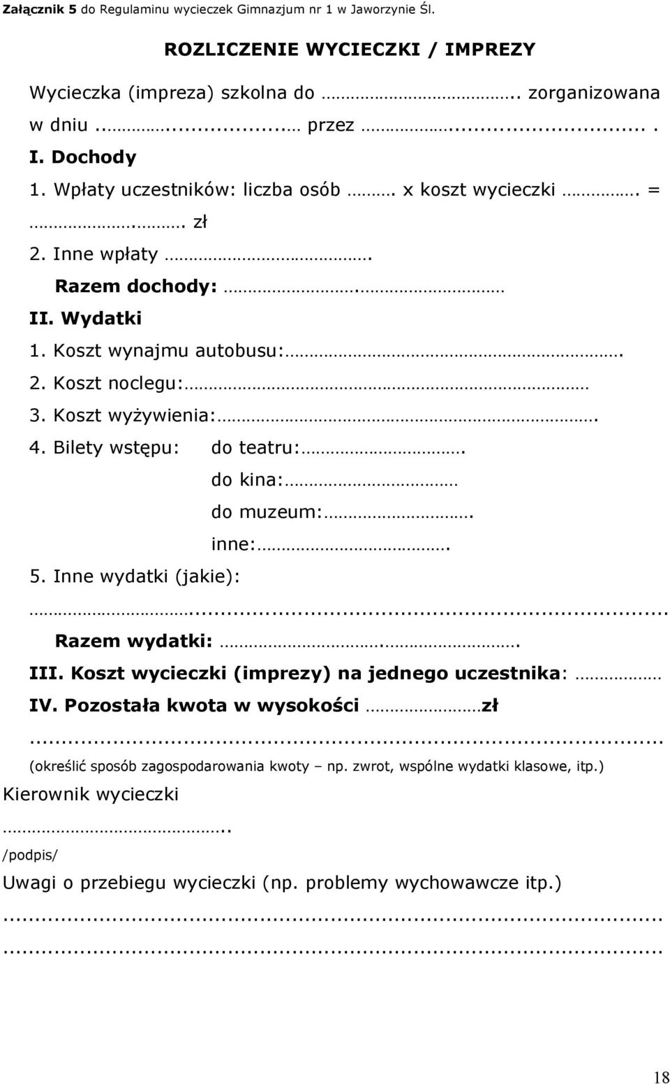 Bilety wstępu: do teatru:. do kina: do muzeum:. inne:. 5. Inne wydatki (jakie):... Razem wydatki:.. III. Koszt wycieczki (imprezy) na jednego uczestnika: IV.