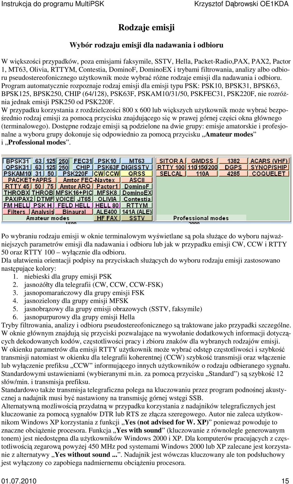 Prgram autmatycznie rzpznaje rdzaj emisji dla emisji typu PSK: PSK10, BPSK31, BPSK63, BPSK125, BPSK250, CHIP (64/128), PSK63F, PSKAM10/31/50, PSKFEC31, PSK220F, nie rzróżnia jednak emisji PSK250 d