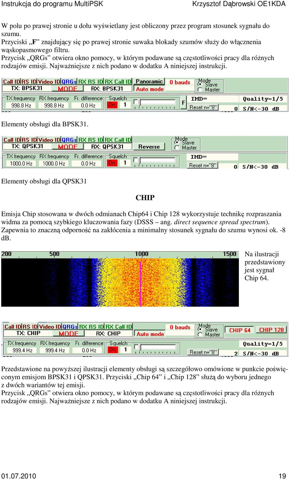 Elementy bsługi dla QPSK31 CHIP Emisja Chip stswana w dwóch dmianach Chip64 i Chip 128 wykrzystuje technikę rzpraszania widma za pmcą szybkieg kluczwania fazy (DSSS ang.