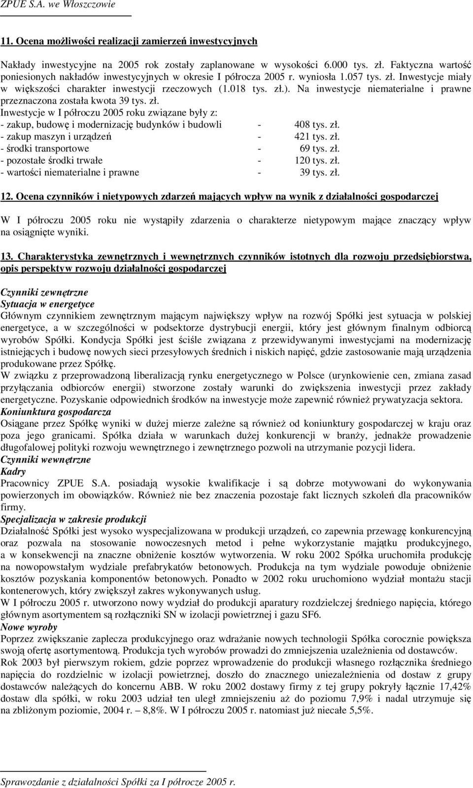 Na inwestycje niematerialne i prawne przeznaczona została kwota 39 tys. zł. Inwestycje w I półroczu 2005 roku zwizane były z: - zakup, budow i modernizacj budynków i budowli - 408 tys. zł. - zakup maszyn i urzdze - 421 tys.