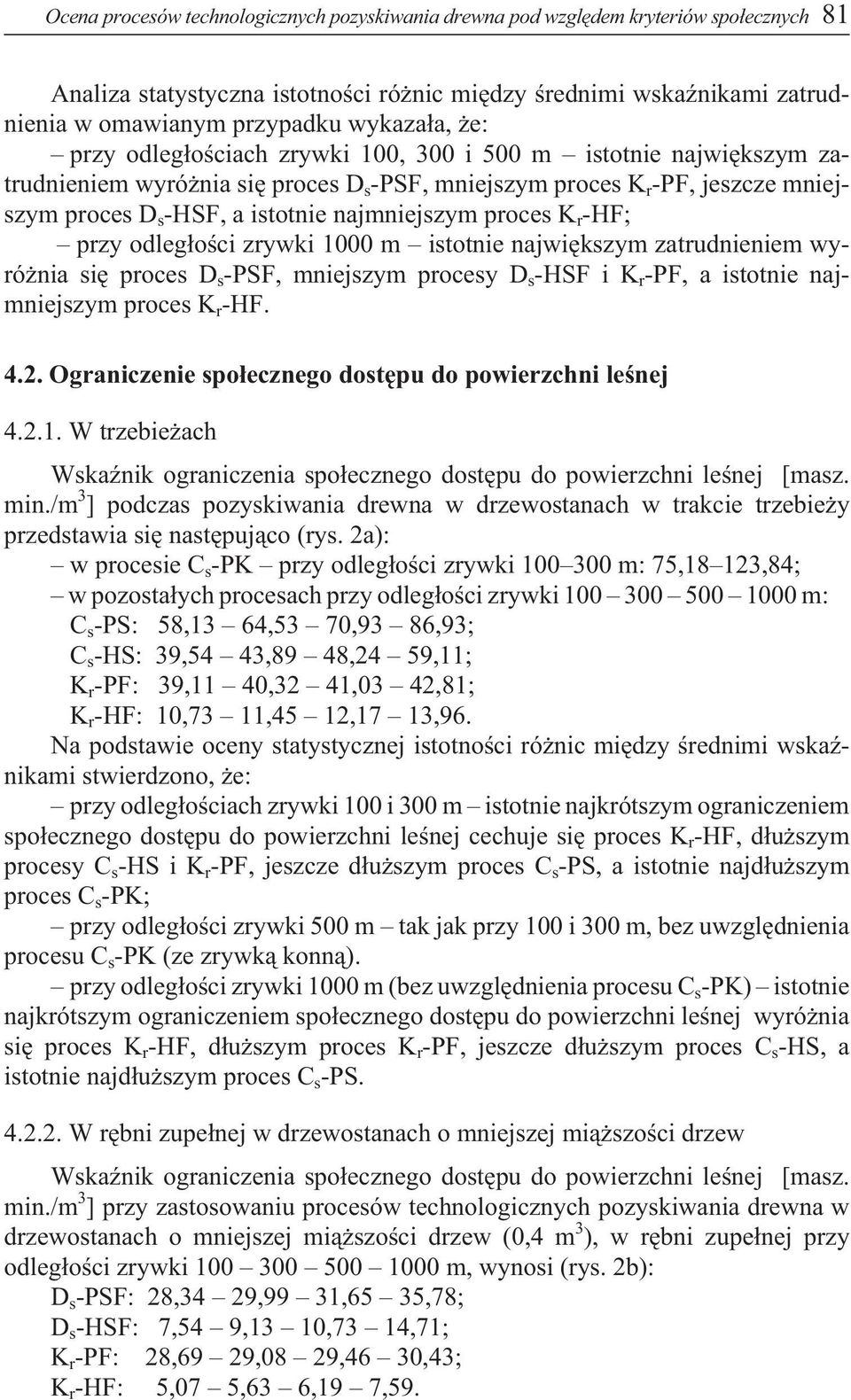 proces K r -HF; przy odleg³oœci zrywki 1 m istotnie najwiêkszym zatrudnieniem wyró nia siê proces D s -PSF, mniejszym procesy D s -HSF i K r -PF, a istotnie najmniejszym proces K r -HF. 4.2.