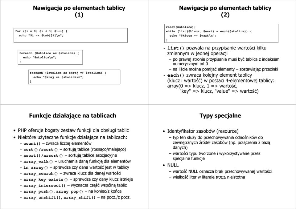 jednej operacji po prawej stronie przypisania musi być tablica z indeksem numerycznym od 0 na liście można pomijać elementy zostawiając przecinki each() zwraca kolejny element tablicy (klucz i