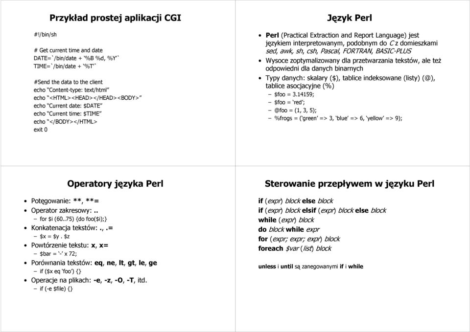 podobnym do C z domieszkami sed, awk, sh, csh, Pascal, FORTRAN, BASIC-PLUS Wysoce zoptymalizowany dla przetwarzania tekstów, ale też odpowiedni dla danych binarnych Typy danych: skalary ($), tablice