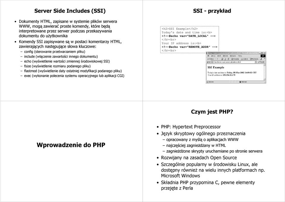 (wyświetlenie wartości zmiennej środowiskowej SSI) fsize (wyświetlenie rozmiaru podanego pliku) flastmod (wyświetlenie daty ostatniej modyfikacji podanego pliku) exec (wykonanie polecenia systemu