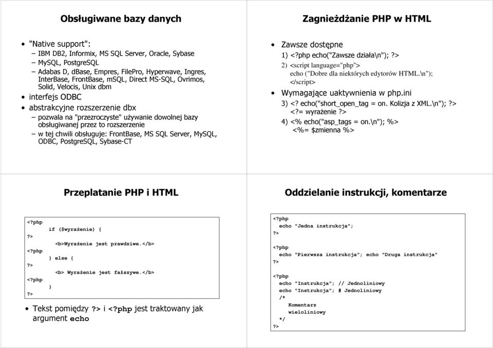 tej chwili obsługuje: FrontBase, MS SQL Server, MySQL, ODBC, PostgreSQL, Sybase-CT Zawsze dostępne 1) <?php echo("zawsze działa\n");?