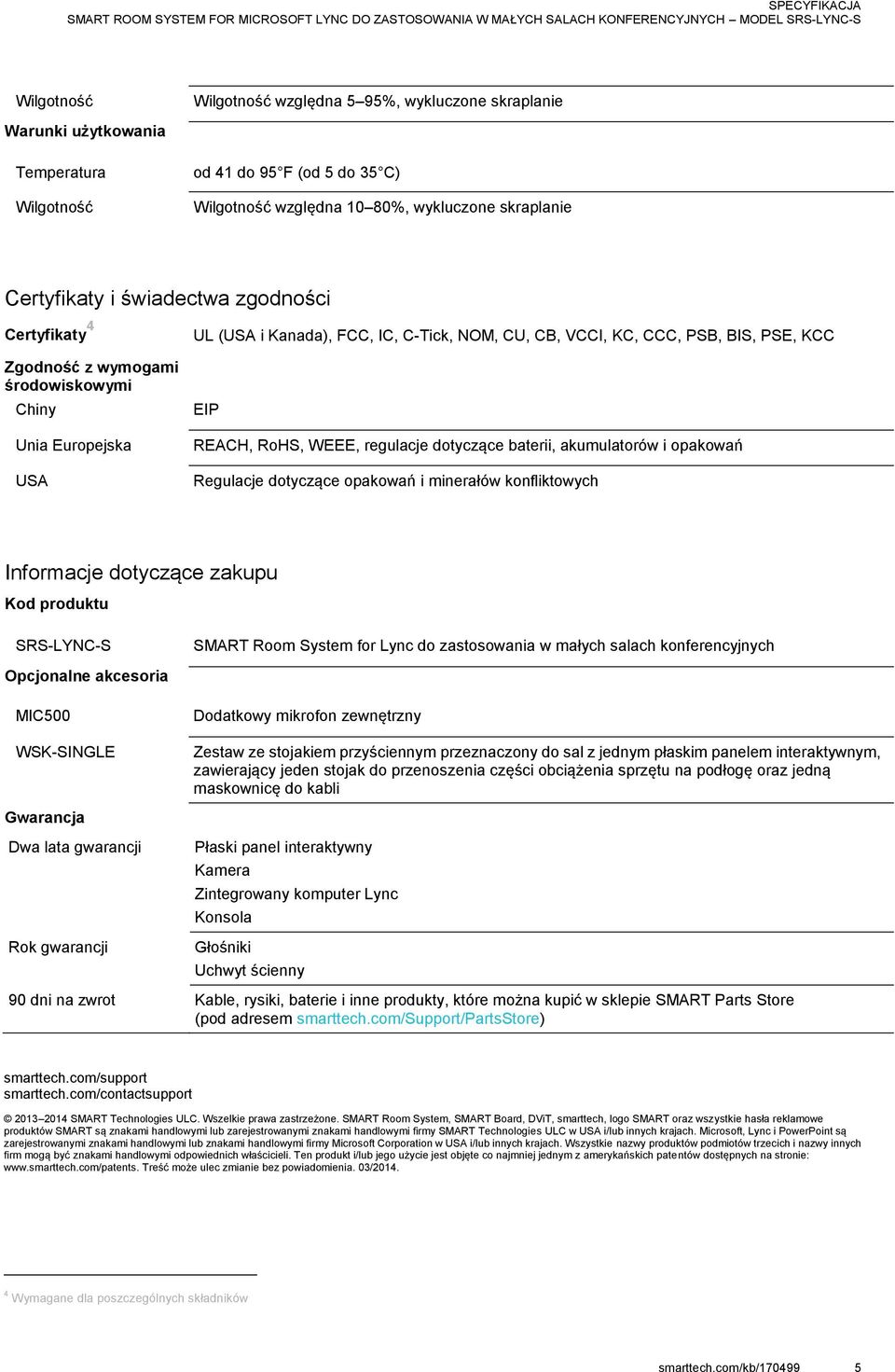 WEEE, regulacje dotyczące baterii, akumulatorów i opakowań Regulacje dotyczące opakowań i minerałów konfliktowych Informacje dotyczące zakupu Kod produktu SRS-LYNC-S SMART Room System for Lync do