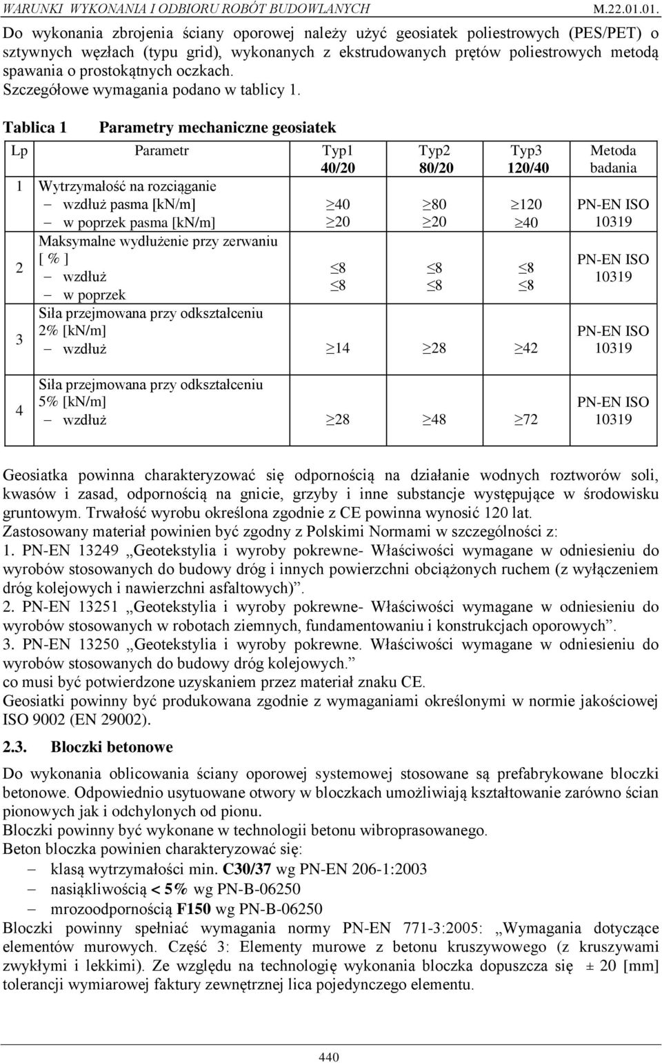 Tablica 1 Parametry mechaniczne geosiatek Lp Parametr Typ1 40/20 1 Wytrzymałość na rozciąganie wzdłuż pasma [kn/m] 40 w poprzek pasma [kn/m] 20 2 3 Maksymalne wydłużenie przy zerwaniu [ % ] wzdłuż w