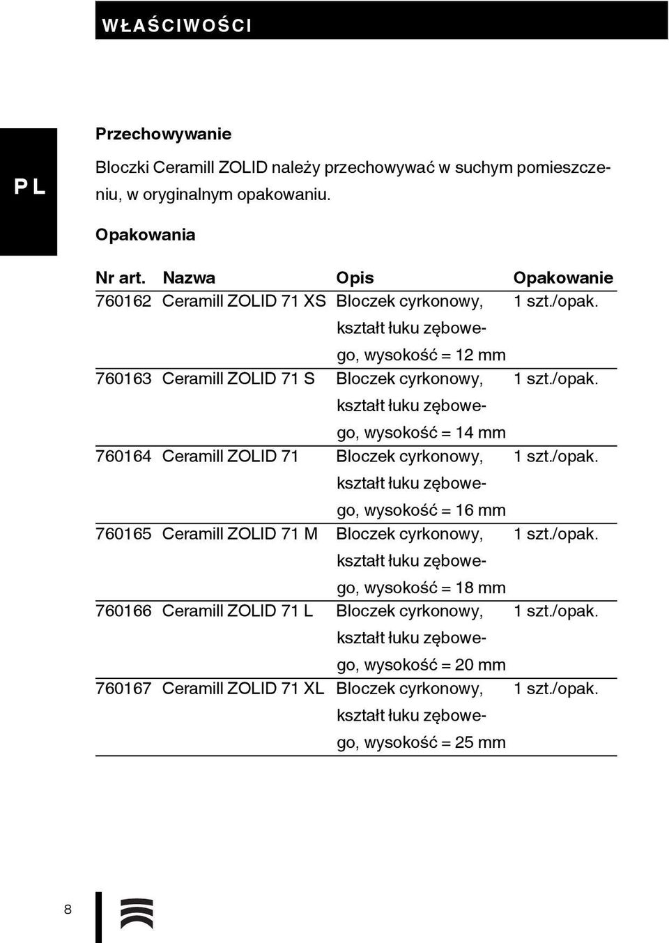 /opak. kształt łuku zębowego, wysokość =16 mm 760165 Ceramill ZOLID 71 M Bloczek cyrkonowy, 1 szt./opak. kształt łuku zębowego, wysokość =18 mm 760166 Ceramill ZOLID 71 L Bloczek cyrkonowy, 1 szt.