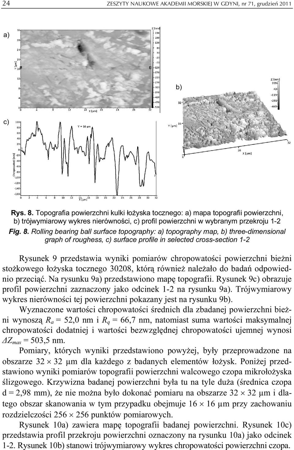 Rolling bearing ball surface topography: a) topography map, b) three-dimensional graph of roughess, c) surface profile in selected cross-section 1-2 Rysunek 9 przedstawia wyniki pomiarów