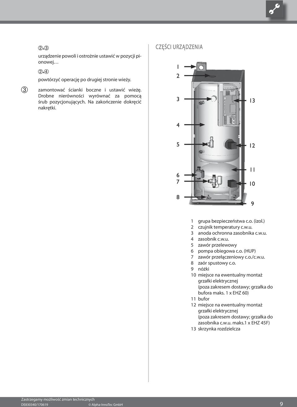 w.u. 4 zasobnik c.w.u. 5 zawór przelewowy 6 pompa obiegowa c.o. (HUP) 7 zawór przełączeniowy c.o./c.w.u. 8 zaór spustowy c.o. 9 nóżki 10 miejsce na ewentualny montaż grzałki elektrycznej (poza zakresem dostawy; grzałka do bufora maks.