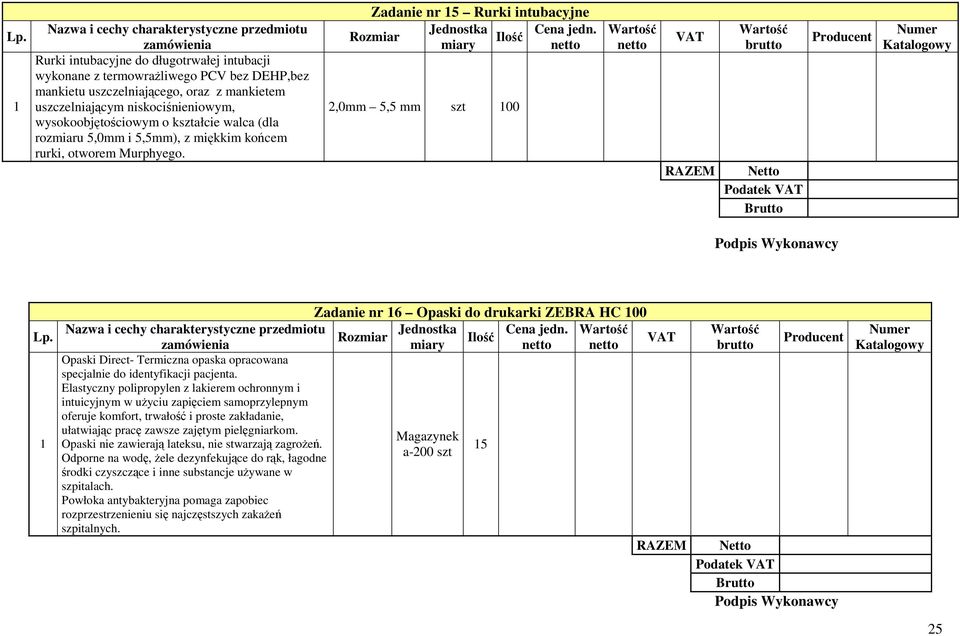 Zadanie nr 15 Rurki intubacyjne Jednostka Rozmiar 2,0mm 5,5 mm szt 100 Podatek Producent Katalogowy Lp.